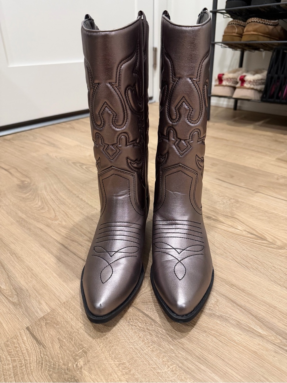 Metallic Silver Western-Style Knee Boot
